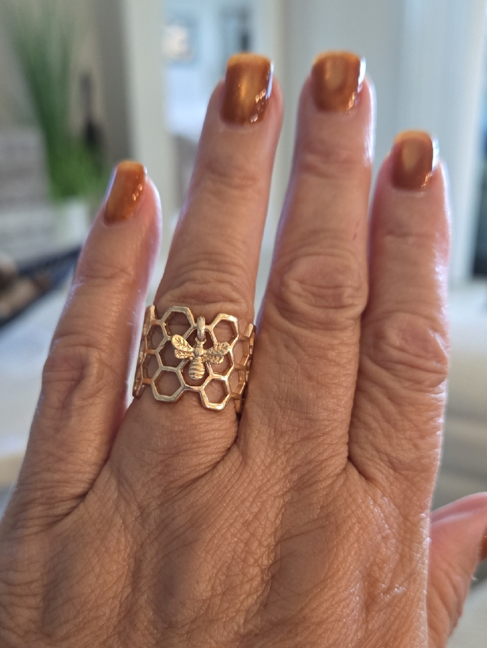 Honeycomb Dangle Bee Gold Open Weave Ring - Women Jewelry New  OS